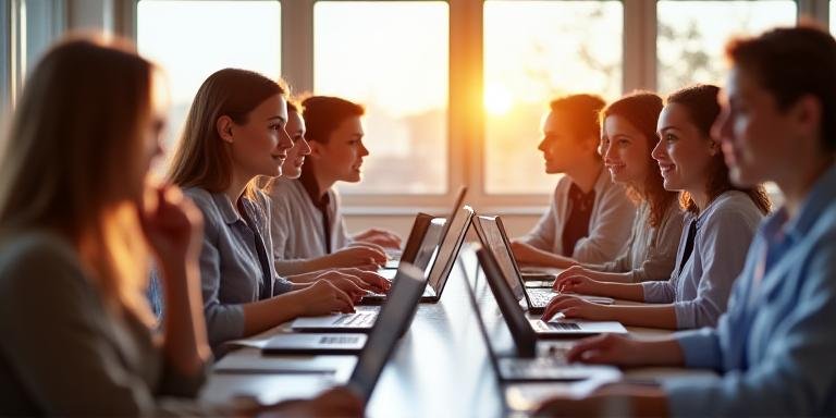 Diverse group of professionals collaborating in a modern tech-focused learning environment