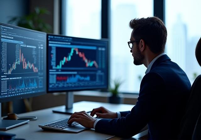 A professional analyst studying complex financial charts on a dual-monitor setup